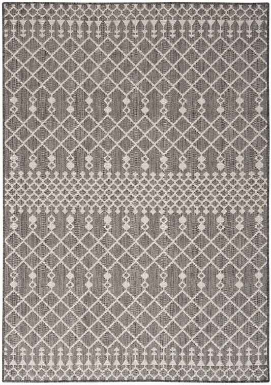 Rectangular grey woven rug with white lattice diamond pattern and beaded horizontal borders, modern geometric style.