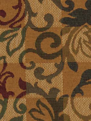 Damask-style tapestry fabric with scrolling floral motifs in olive green, burgundy, and navy on a gold-brown checkered weave.