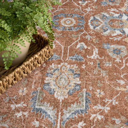 Rust-orange patterned rug with blue and ivory floral medallions; wicker basket and green potted plant nearby.