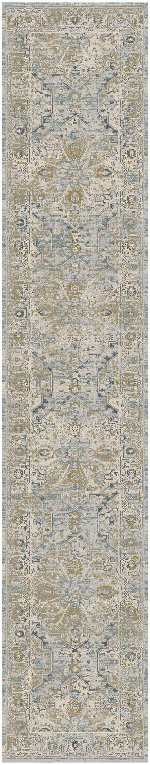 Long runner rug in ivory, blue-gray, and gold with an ornate floral border and central medallion design.