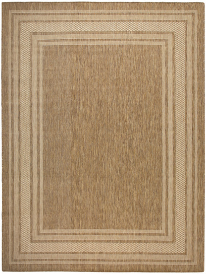 Beige area rug with concentric rectangular borders in neutral tones and a textured woven surface.