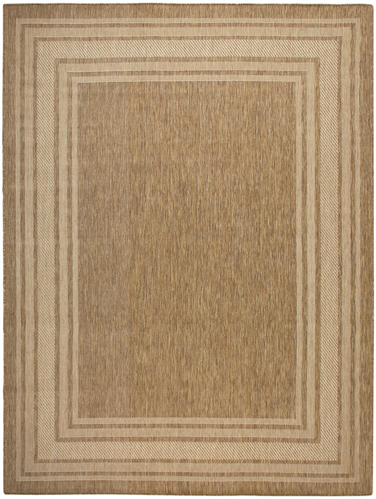Beige area rug with concentric rectangular borders in neutral tones and a textured woven surface.