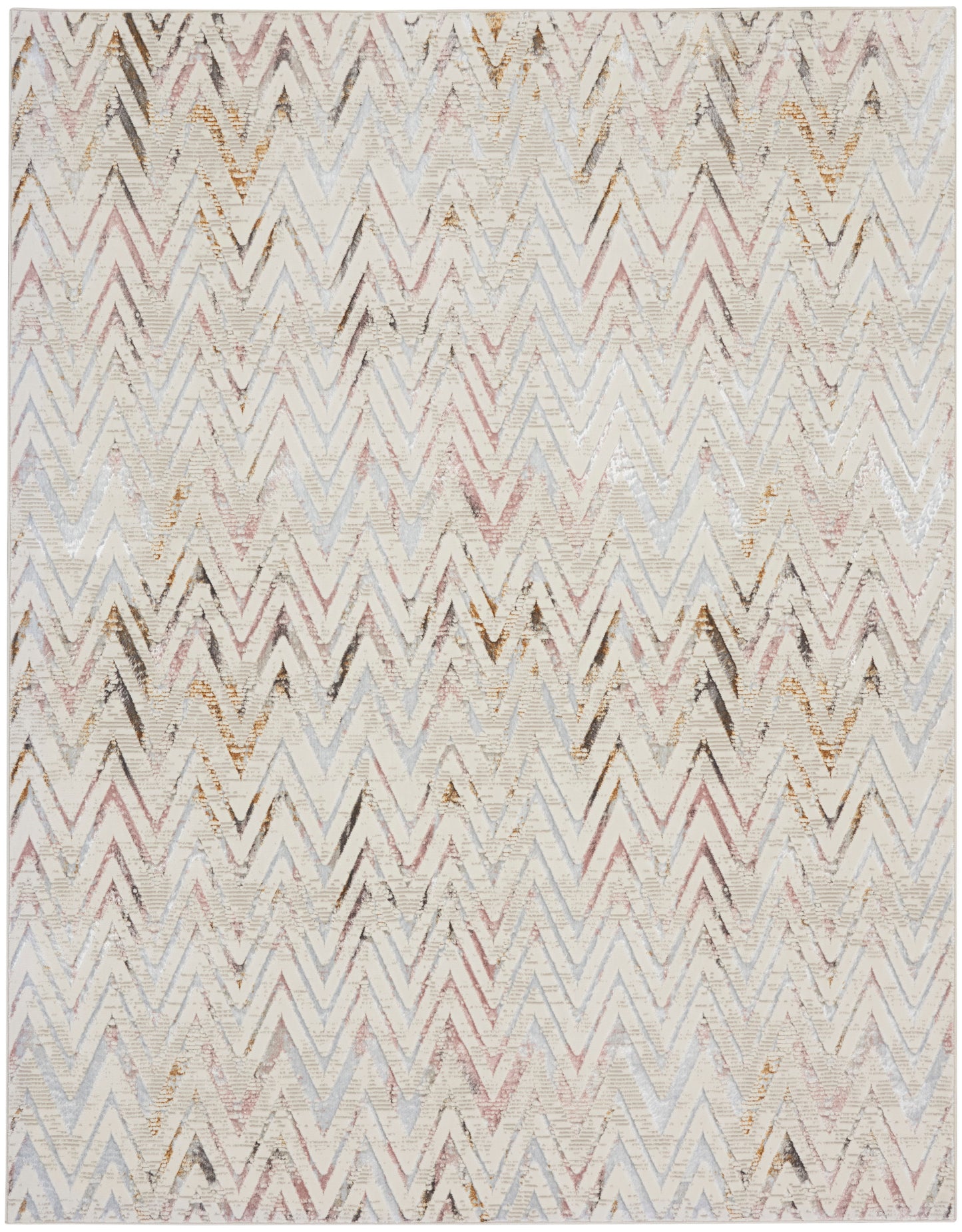 8’ x 10’ contemporary multicolor abstract area rug with shimmering accents; jewel-tone modern glam design; suitable for living room, dining room, or bedroom décor.