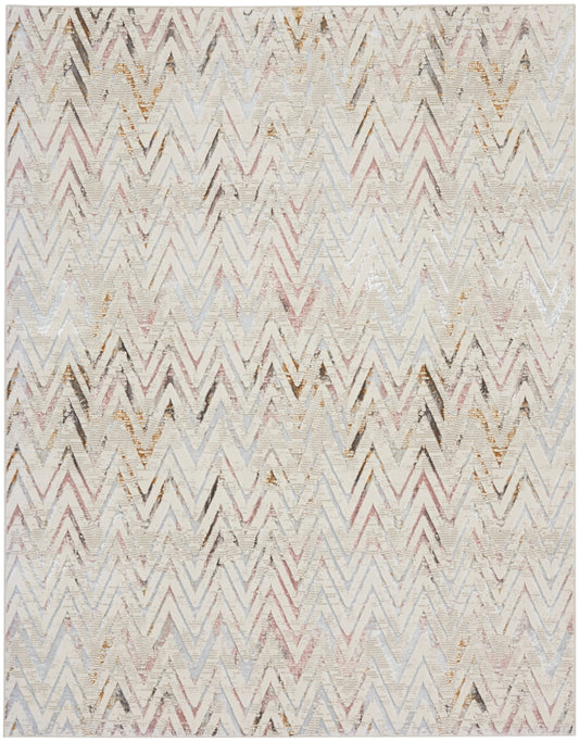 8’ x 10’ contemporary multicolor abstract area rug with shimmering accents; jewel-tone modern glam design; suitable for living room, dining room, or bedroom décor.