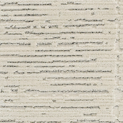 Cream textured rectangular area rug with subtle gray horizontal stripes and plush pile.