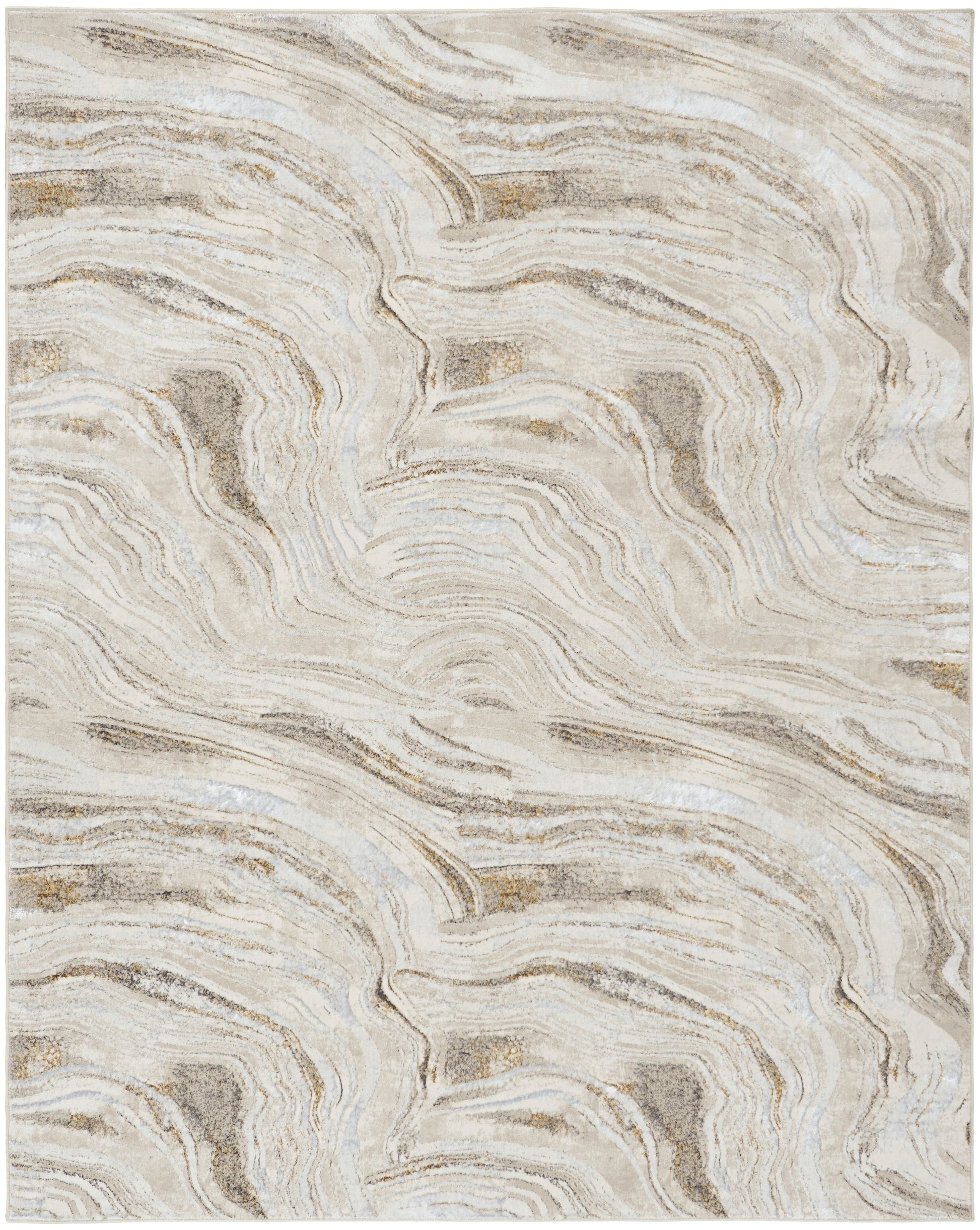 Neutral beige and cream abstract marbled rug with flowing wavy pattern; soft woven texture for modern living spaces.
