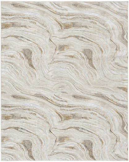 Neutral beige and cream abstract marbled rug with flowing wavy pattern; soft woven texture for modern living spaces.