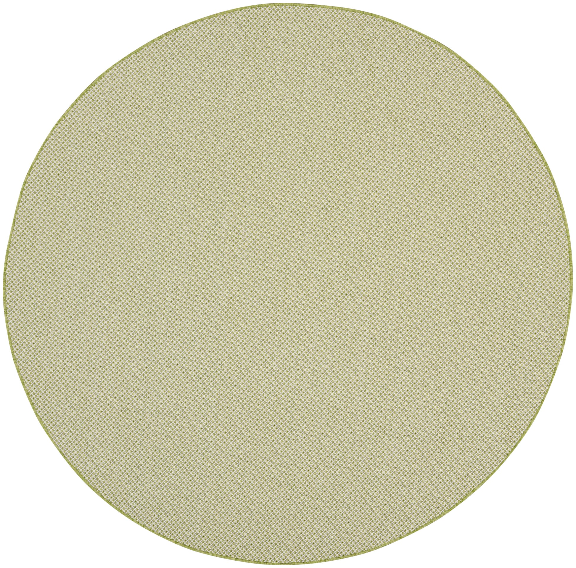 Round beige rug with an olive-green border.