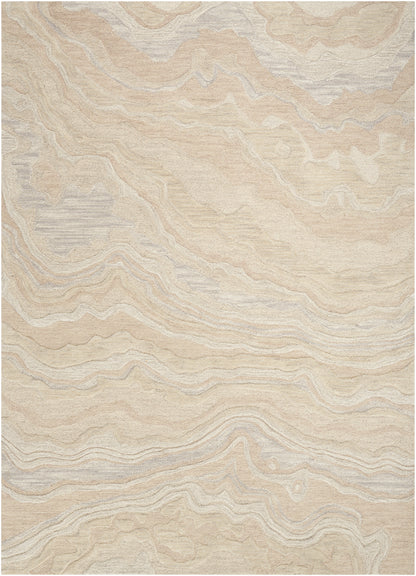 Soft pile cream-beige area rug with subtle gray marbled waves; modern abstract pattern for living rooms.
