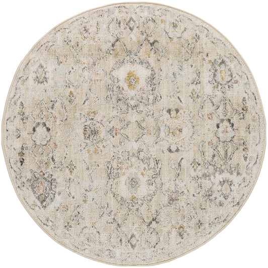 Round beige rug with distressed traditional oriental motif in ivory, gray and pale amber.