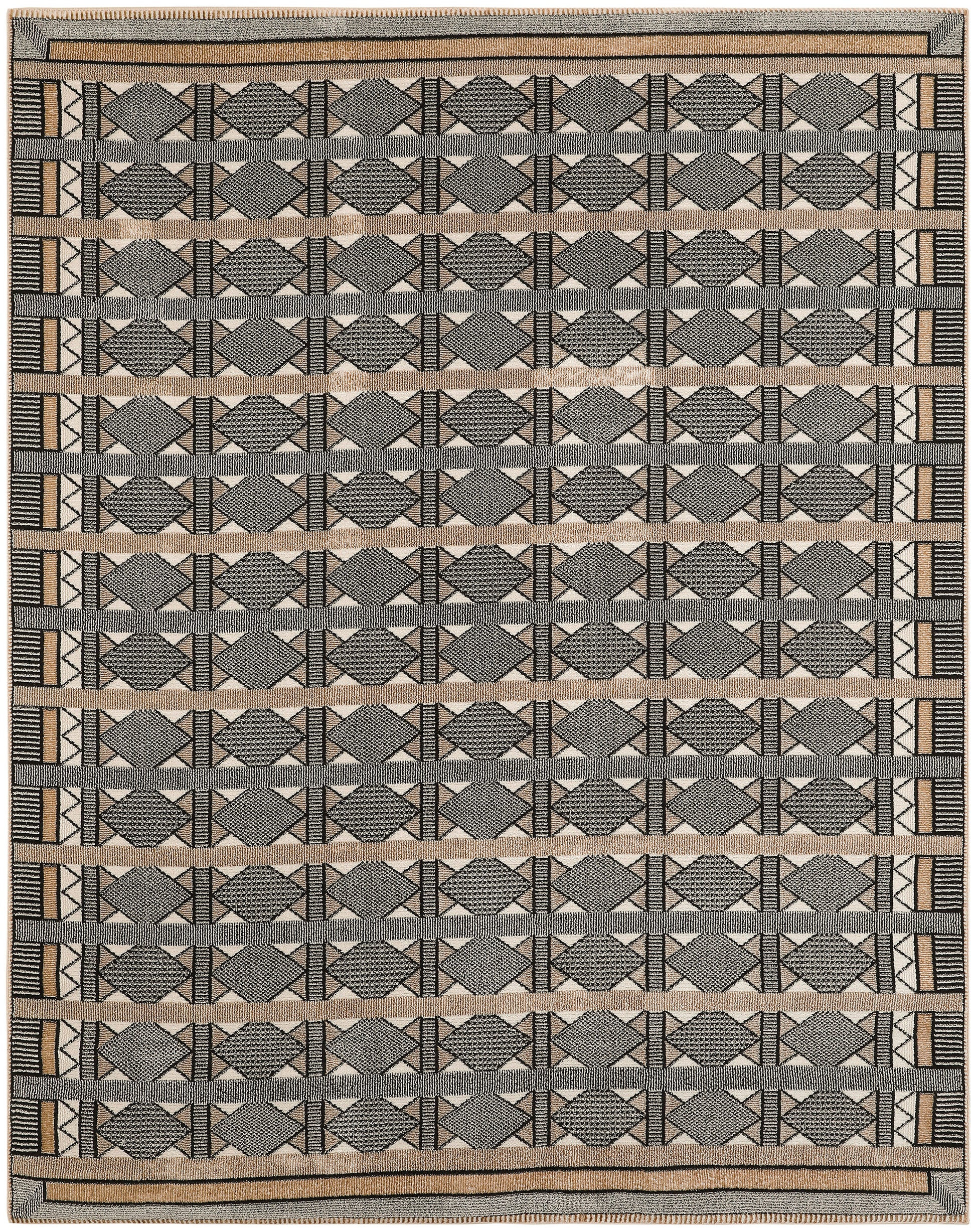 Beige flat-weave rug with repeating dark gray diamond motifs in horizontal rows and geometric striped border.