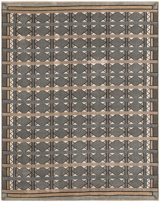 Beige flat-weave rug with repeating dark gray diamond motifs in horizontal rows and geometric striped border.