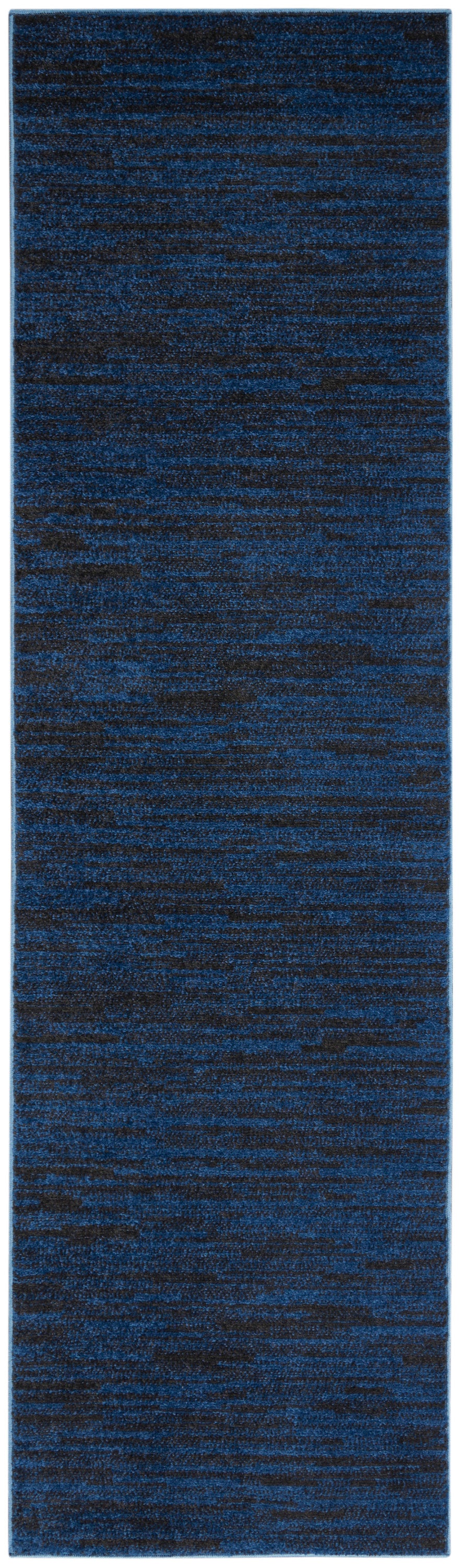 Rectangular navy blue textured rug runner with heathered marled pattern.