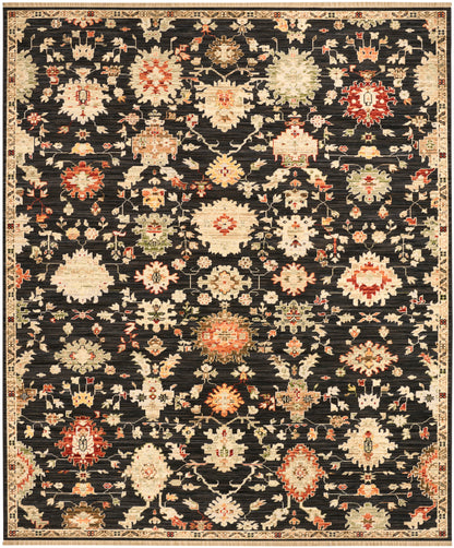 Rectangular oriental rug with black field, ivory and red floral medallions, beige border, Persian-style.