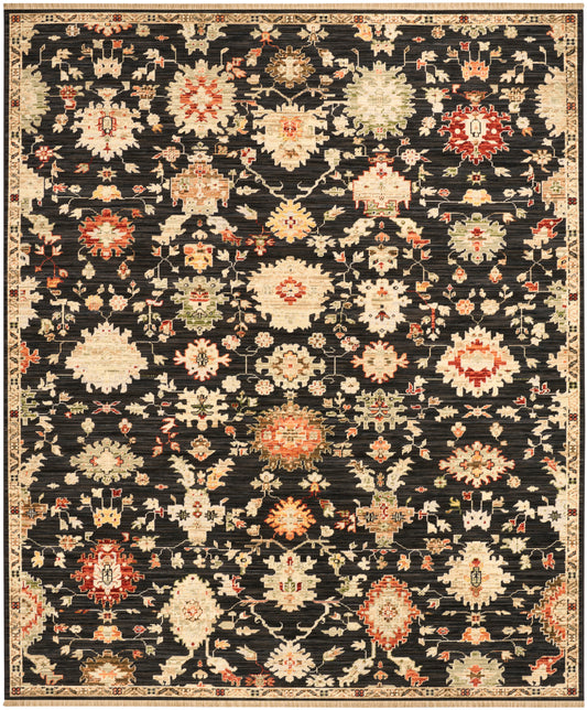 Rectangular oriental rug with black field, ivory and red floral medallions, beige border, Persian-style.
