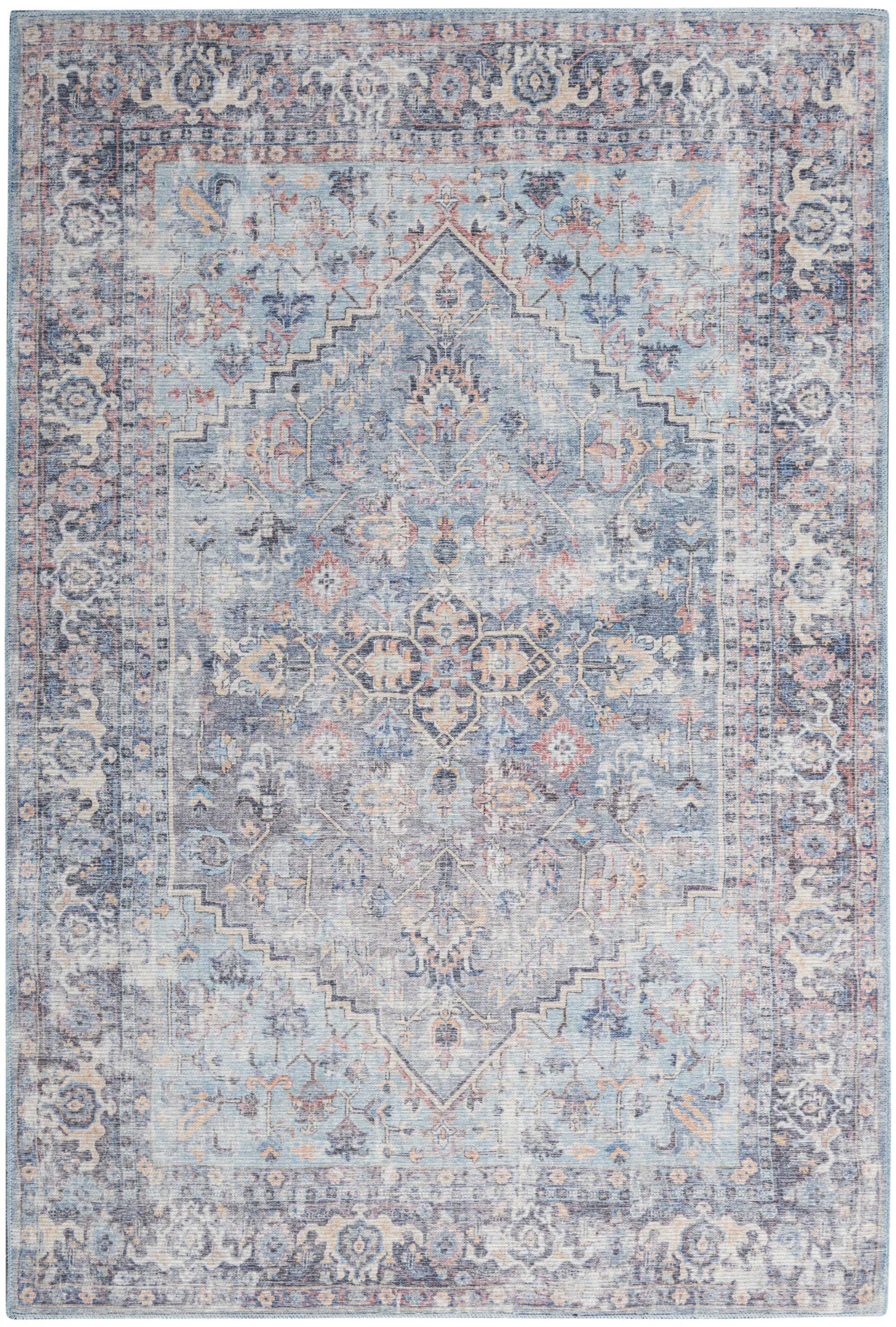 Muted blue oriental rug with a central medallion, faded floral motifs, and a vintage ivory border.