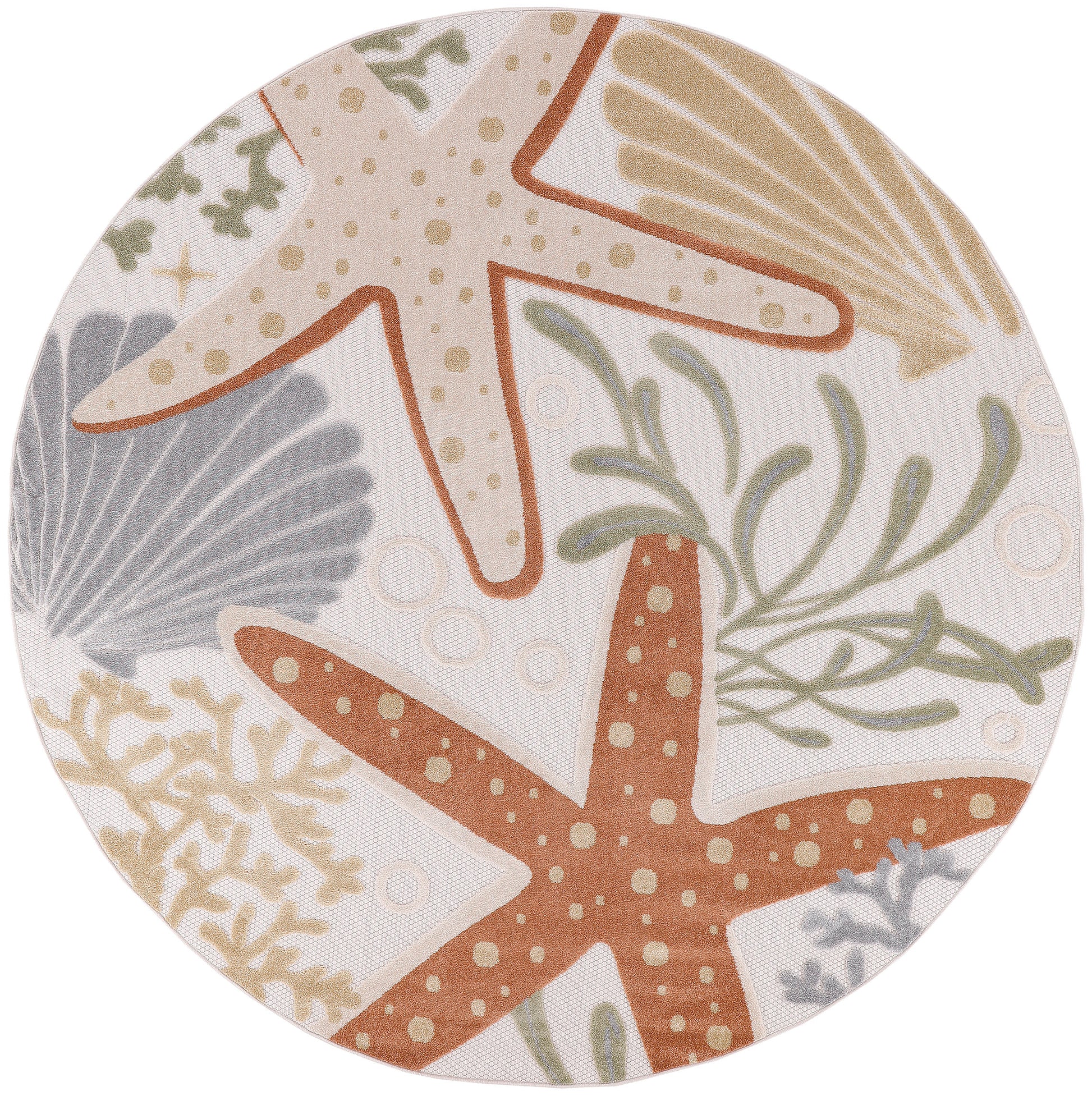Round coastal rug featuring starfish, shells and seaweed in beige, brown, sage and gray tones.