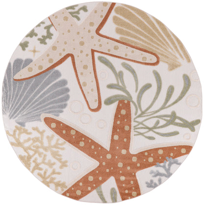 Round coastal rug featuring starfish, shells and seaweed in beige, brown, sage and gray tones.