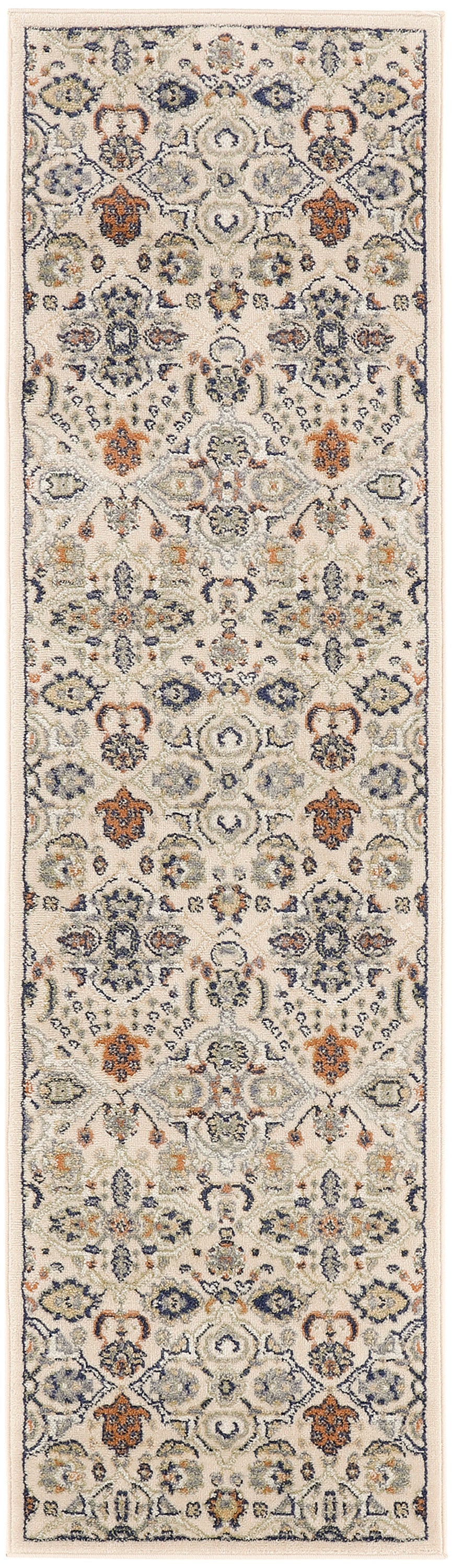 Cream bohemian runner rug with blue, orange and sage floral medallions and a dark border, traditional pattern.