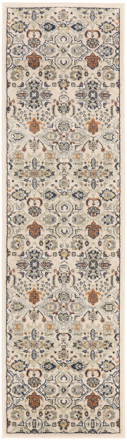 Cream bohemian runner rug with blue, orange and sage floral medallions and a dark border, traditional pattern.