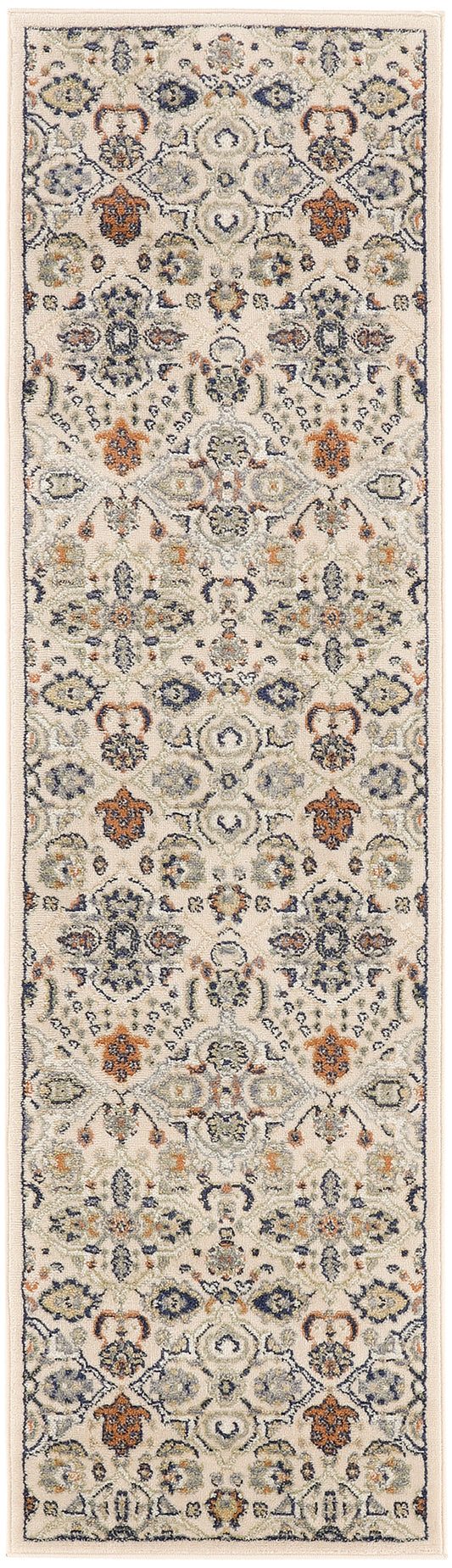 Cream bohemian runner rug with blue, orange and sage floral medallions and a dark border, traditional pattern.