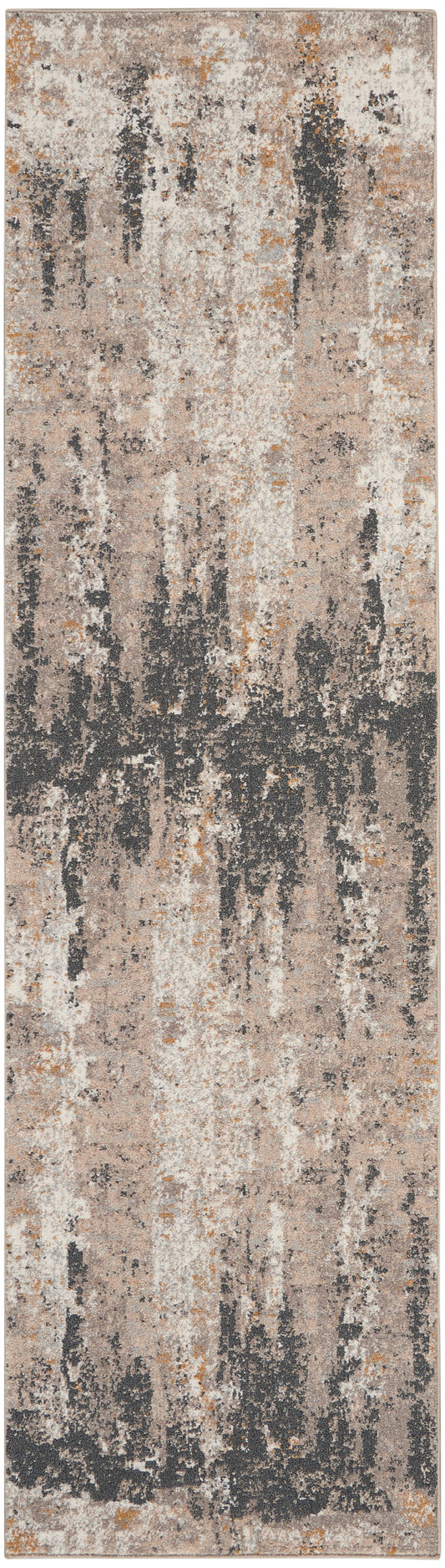 Long abstract distressed runner rug with beige, taupe, cream, black and orange streaks; modern runner for hallway or living room.