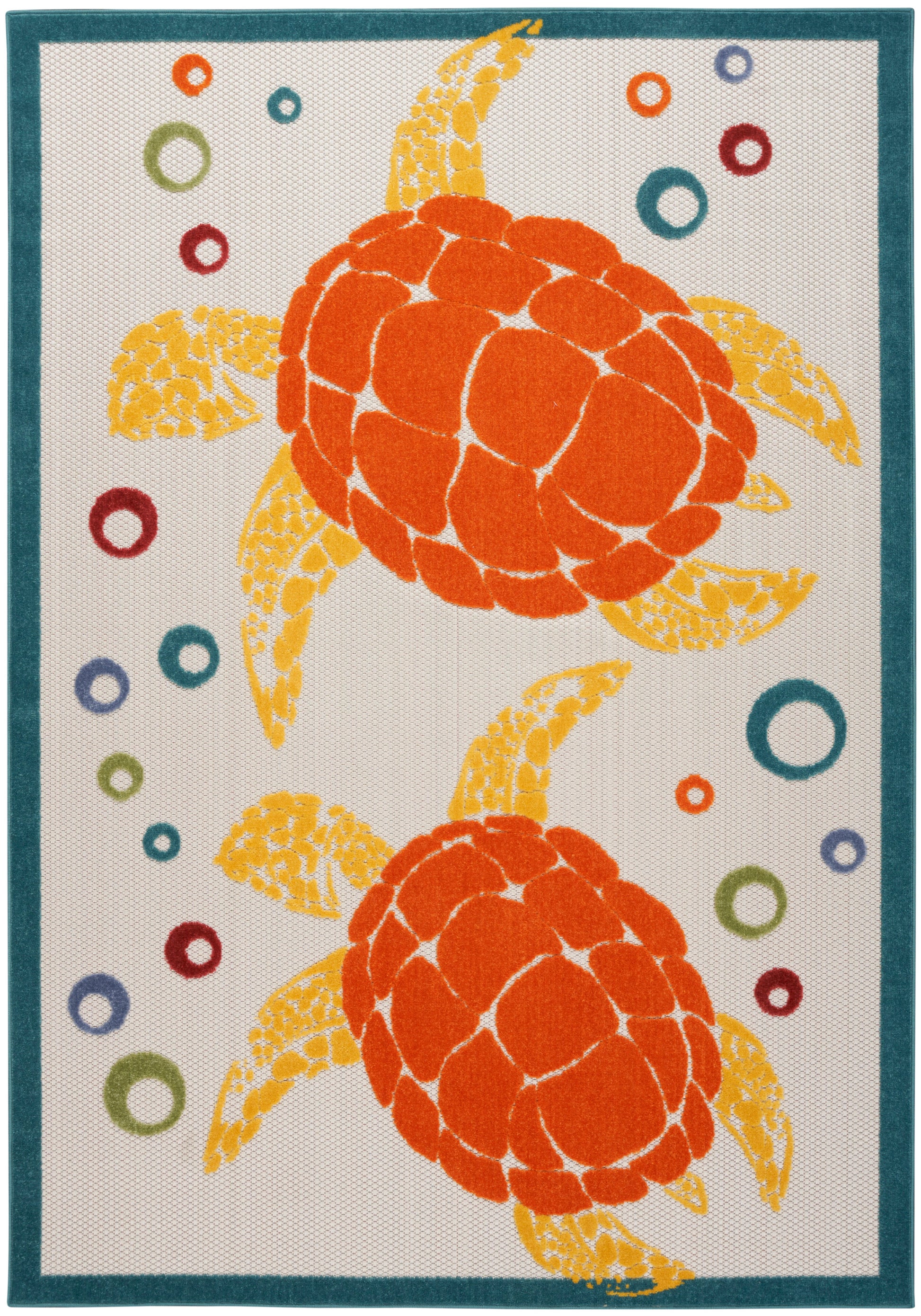 Teal-bordered decorative rug featuring two orange sea turtles, yellow fins, and colorful ring motifs on a pale background.
