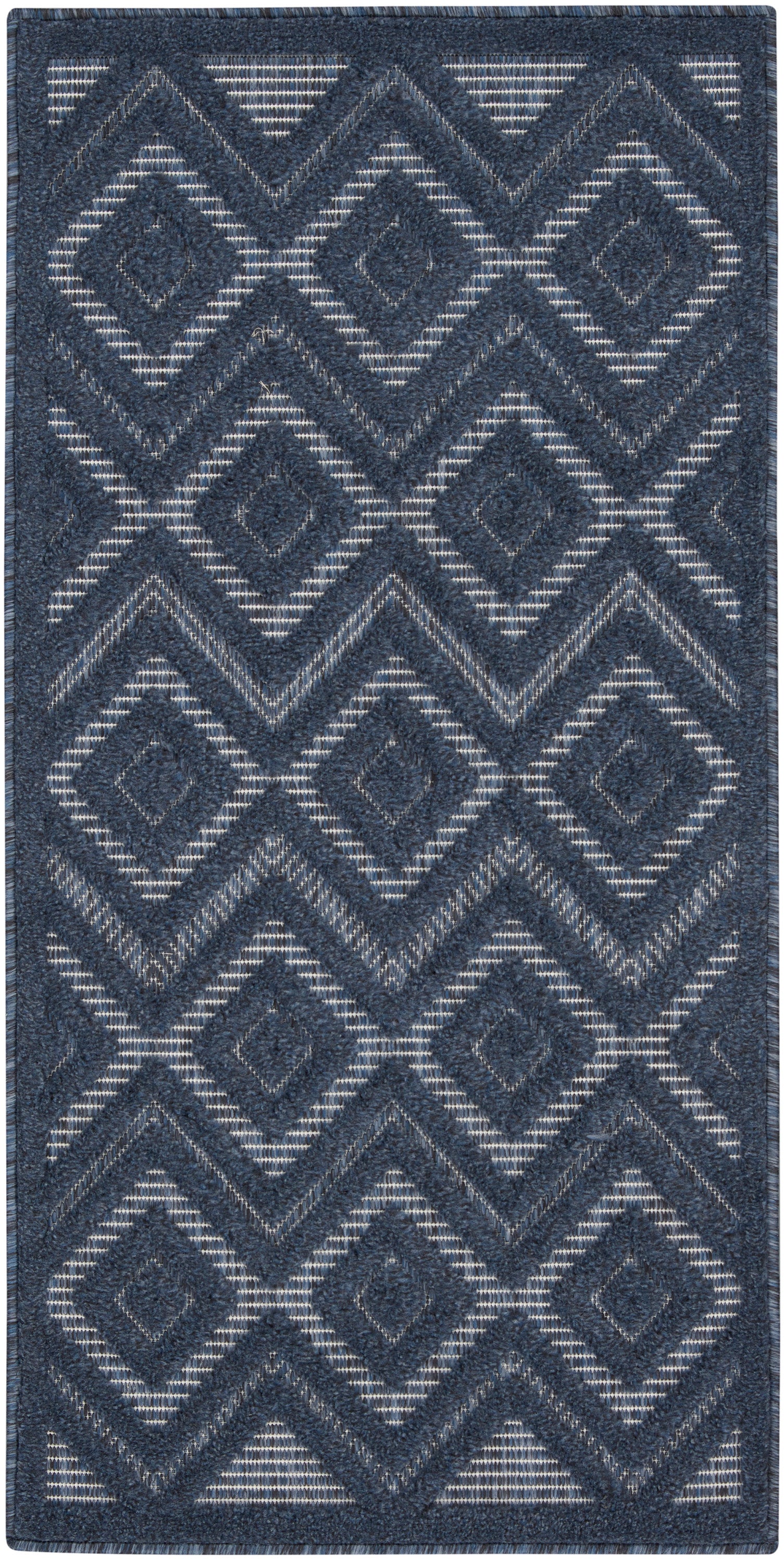 Navy blue shag rug with raised diamond lattice pattern in lighter blue, rectangular area rug.