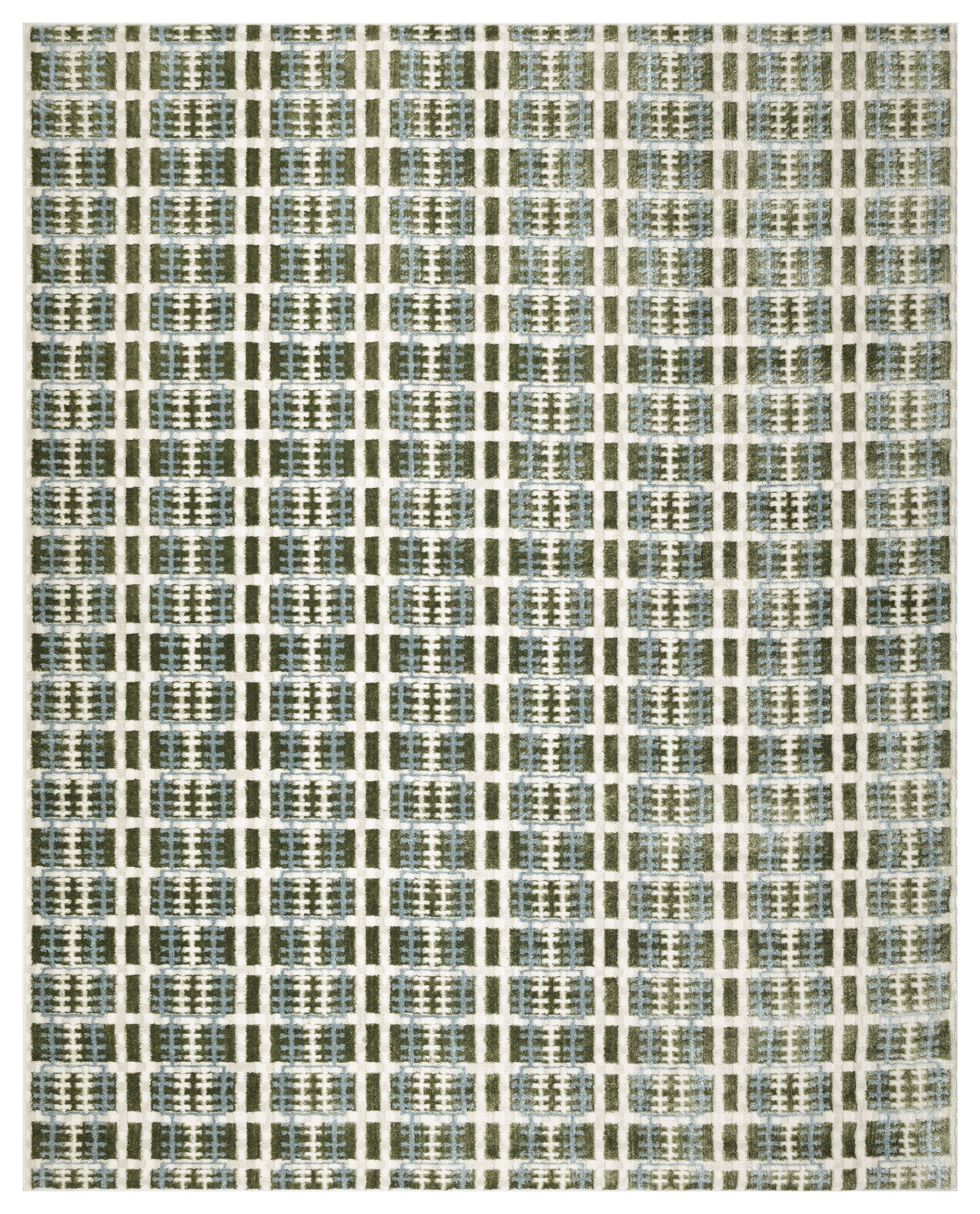 Geometric woven rug with blue-gray squares and pale grid lines in a repeating checker pattern, modern and textured.