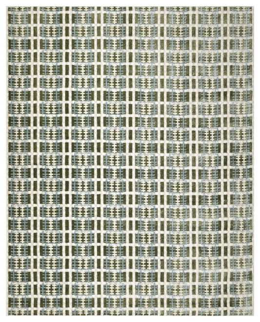 Geometric woven rug with blue-gray squares and pale grid lines in a repeating checker pattern, modern and textured.