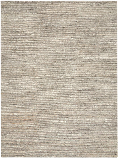 Beige woven rug with subtle horizontal stripes, natural fiber look; rectangular casual floor covering.