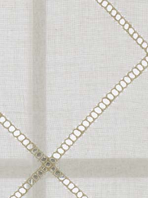 Cream linen fabric with intersecting gold metallic chain-trim forming an elegant cross pattern.