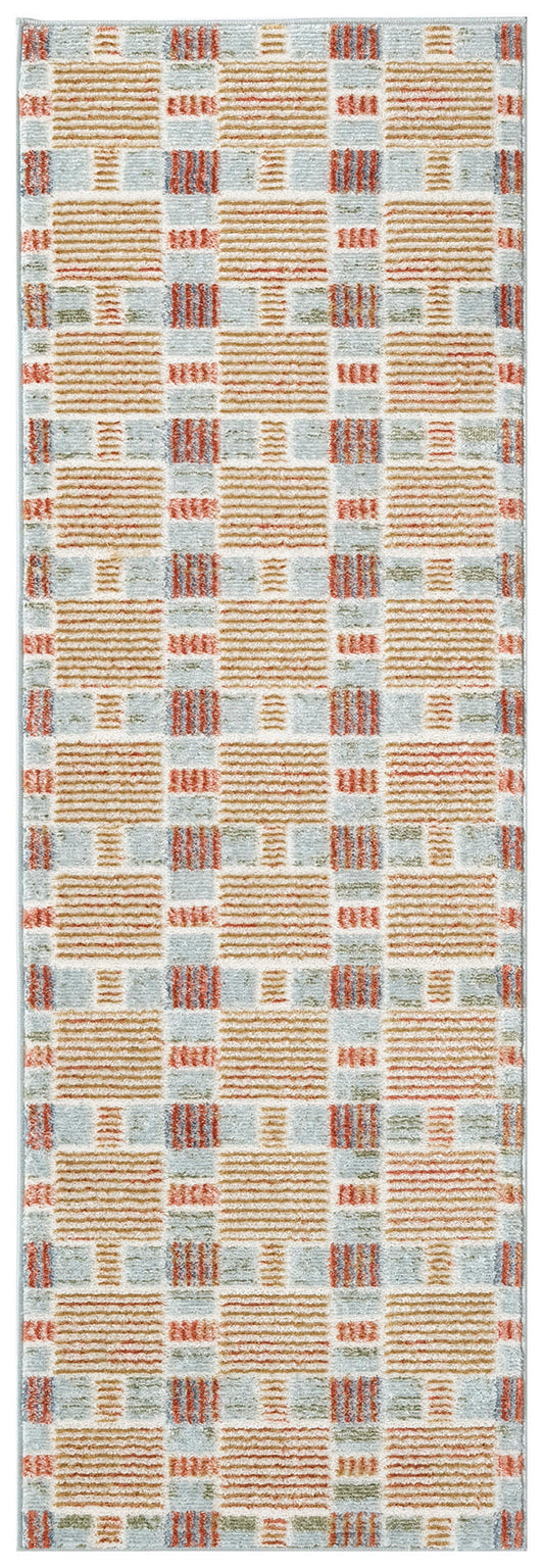 Rectangular rug runner in light blue, tan & coral with striped squares & vertical bars; modern geometric pattern.