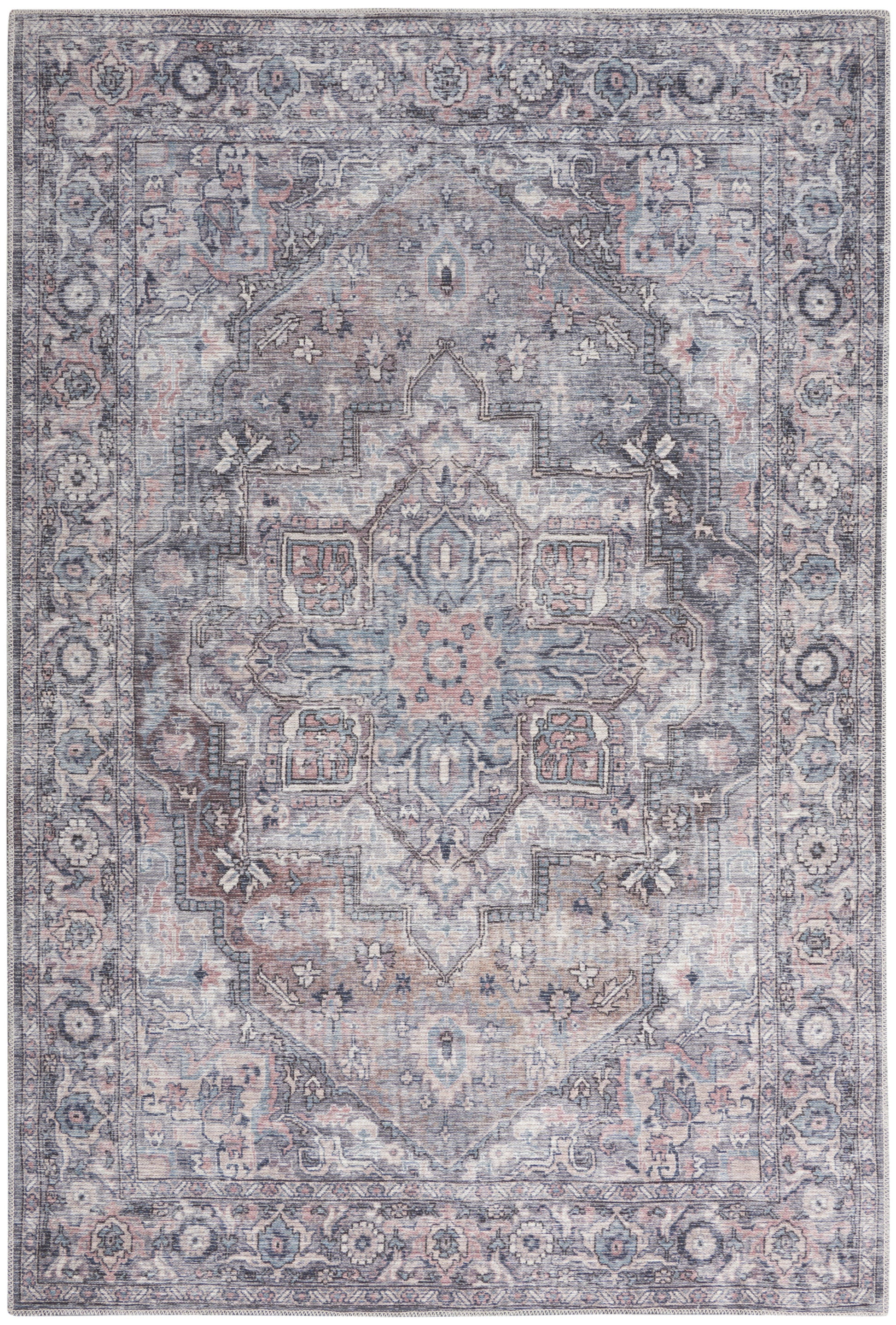 Vintage-style blue-gray Persian rug with central medallion, pink accents and ornate border; ideal for living room decor.