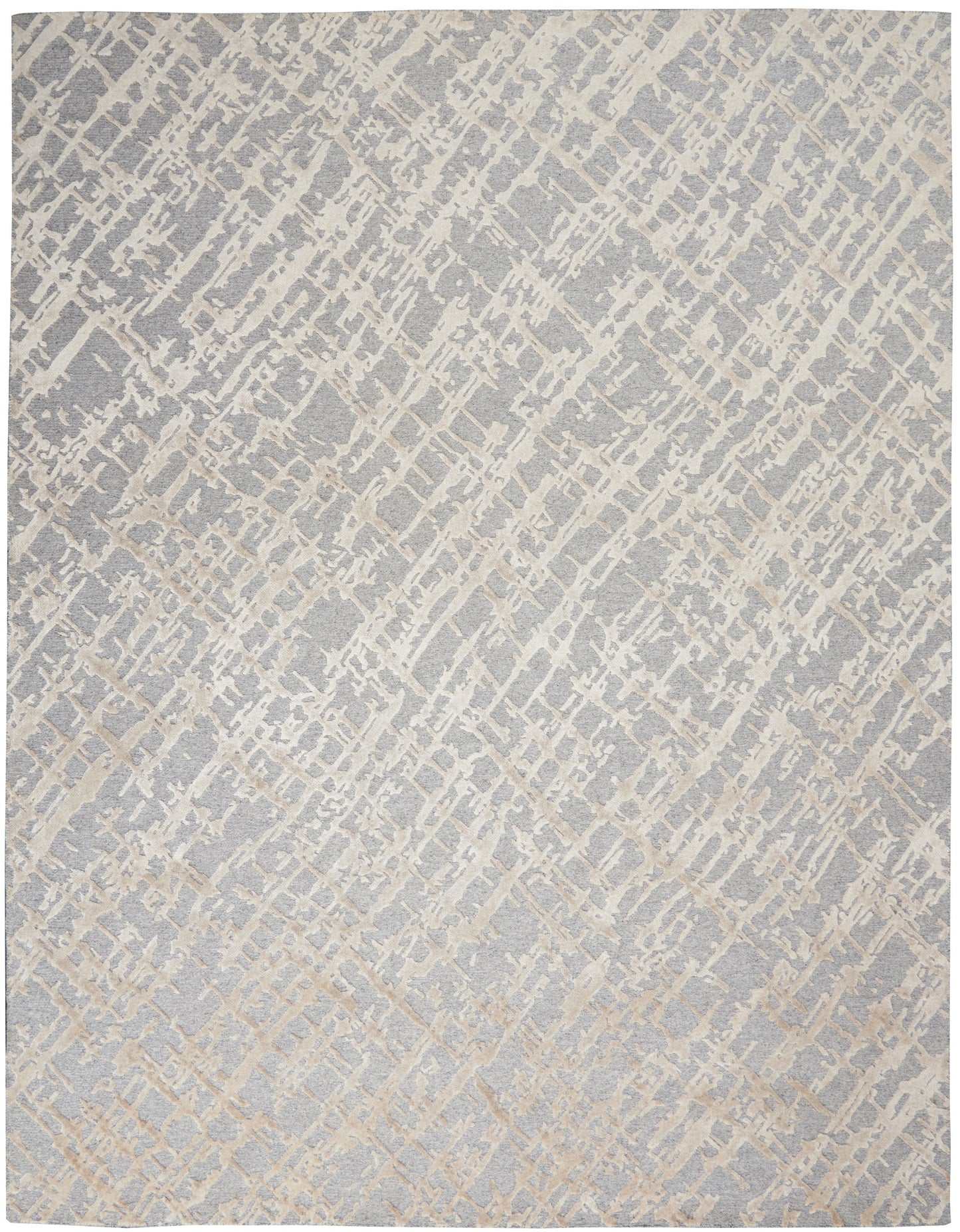 Modern light gray-blue area rug with cream diagonal lattice pattern and textured finish.