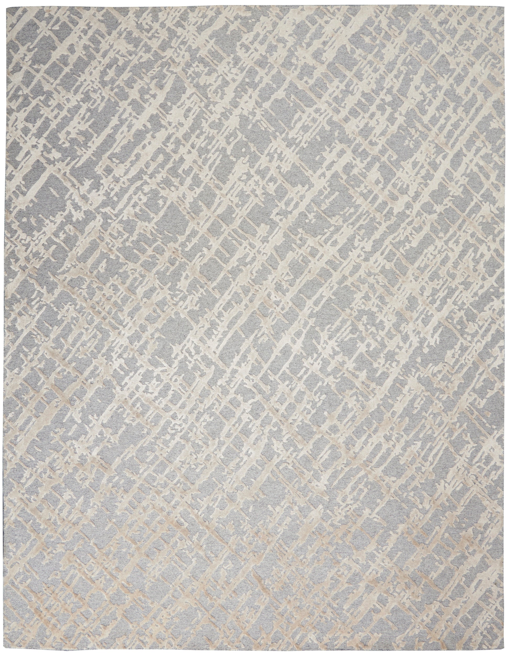 Modern light gray-blue area rug with cream diagonal lattice pattern and textured finish.