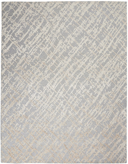 Modern light gray-blue area rug with cream diagonal lattice pattern and textured finish.
