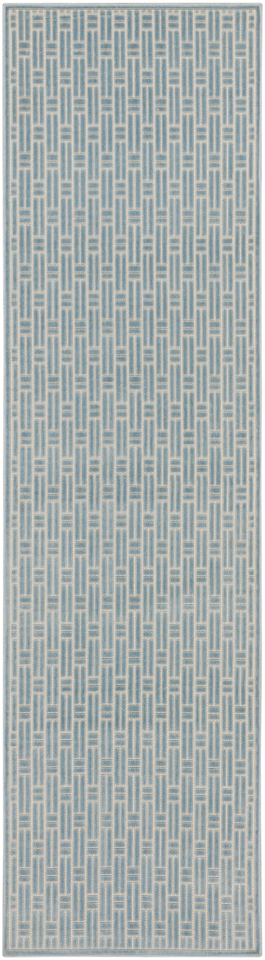 Narrow wallpaper panel with repeating light-blue trellis lattice on gray background.