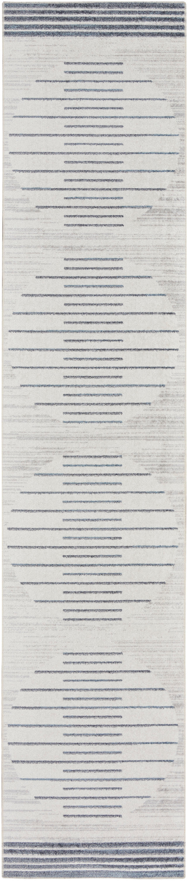 Beige rug runner, 10' long, with repeating blue circular motifs and blue borders at both ends.