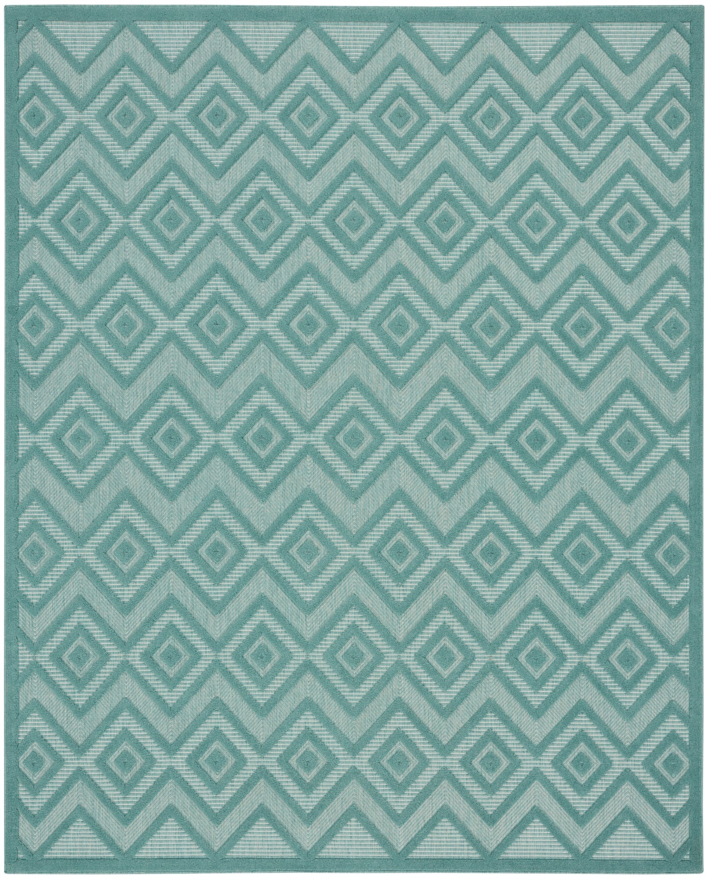 Teal blue-green rug with a repeating diamond and chevron pattern and a matching border.