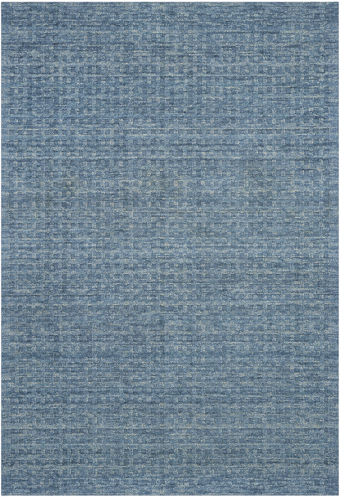 Blue woven area rug with speckled, variegated yarns; rectangular, modern casual style for living spaces.