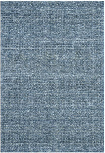 Blue woven area rug with speckled, variegated yarns; rectangular, modern casual style for living spaces.