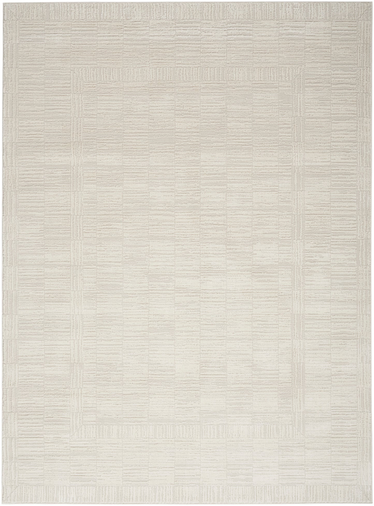 Cream woven area rug with subtle nested square border; neutral flat-weave, soft texture.