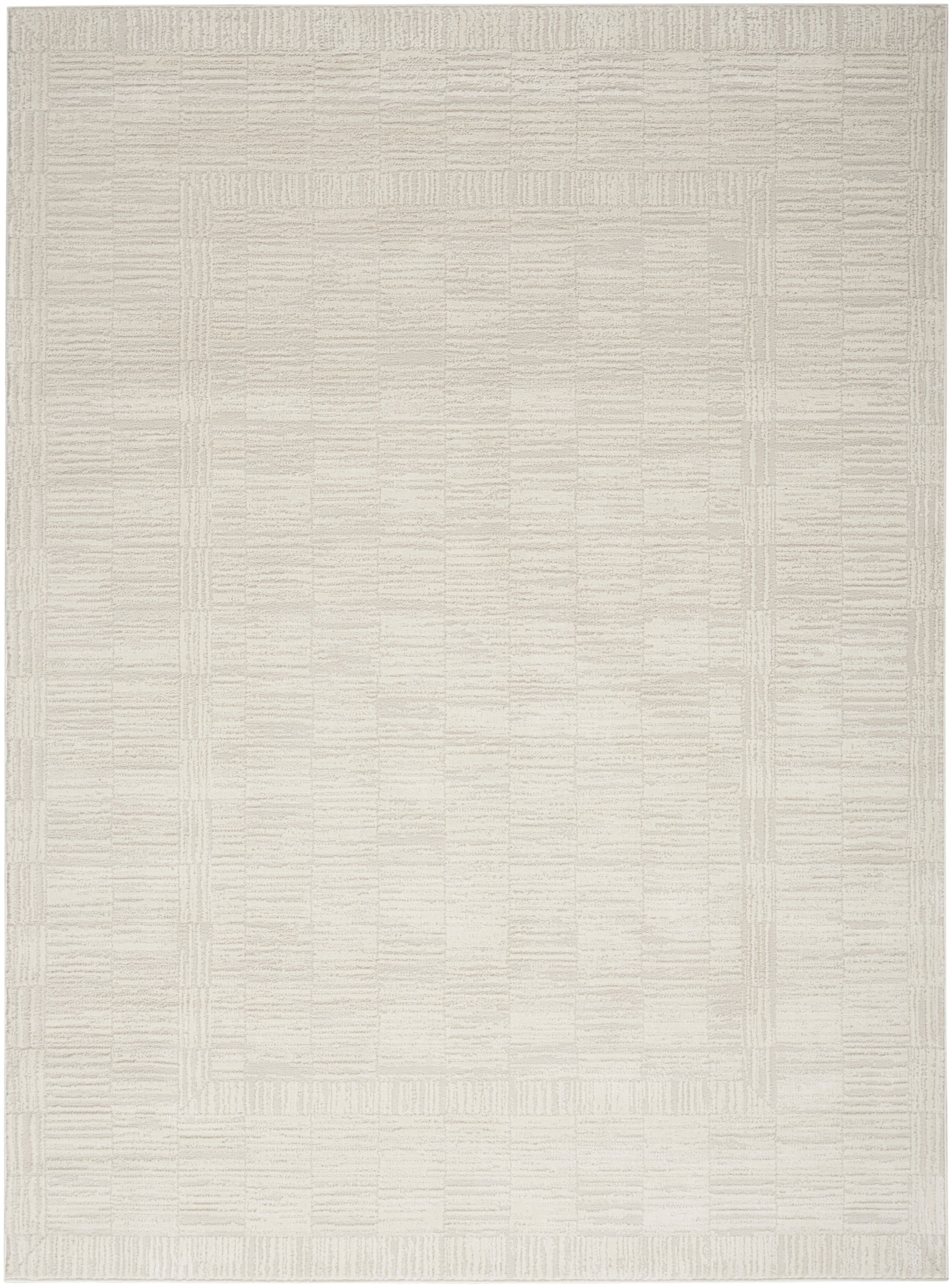 Cream woven area rug with subtle nested square border; neutral flat-weave, soft texture.