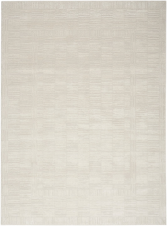 Cream woven area rug with subtle nested square border; neutral flat-weave, soft texture.
