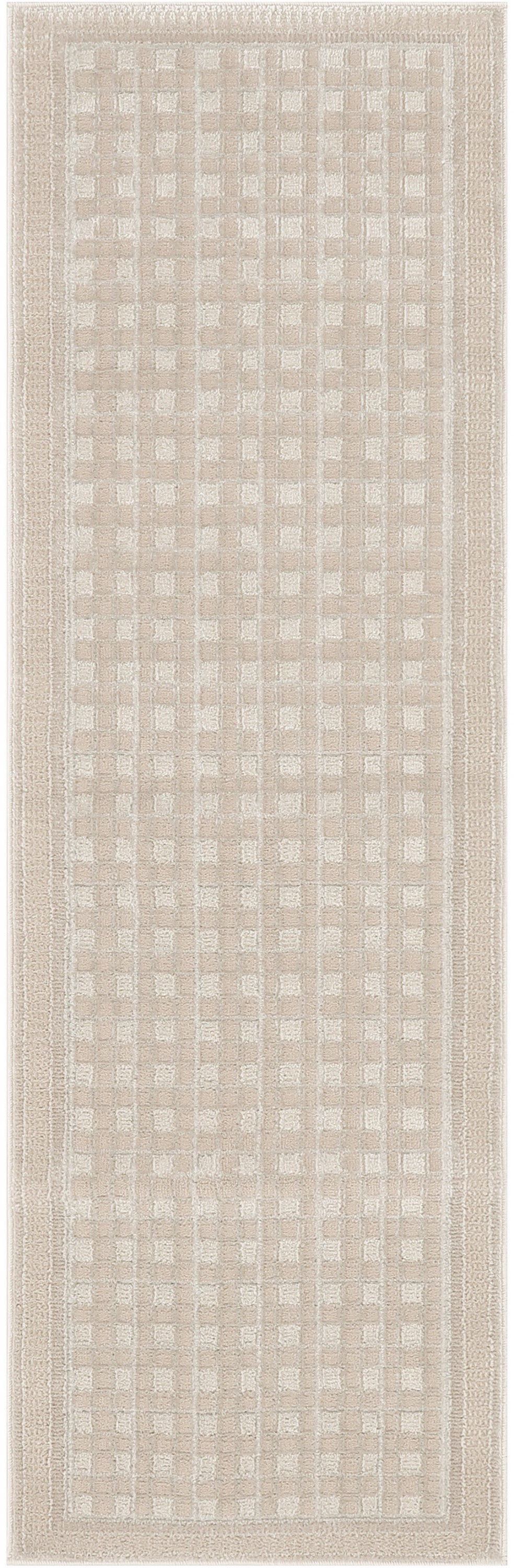 Beige-toned runner rug with a subtle square checkerboard pattern and textured border, soft plush pile.