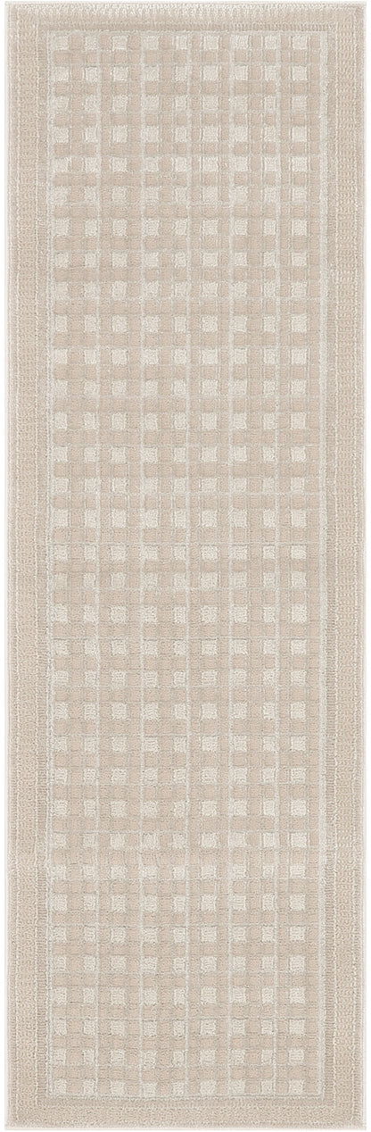 Beige-toned runner rug with a subtle square checkerboard pattern and textured border, soft plush pile.