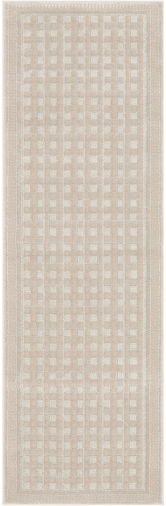 Beige-toned runner rug with a subtle square checkerboard pattern and textured border, soft plush pile.