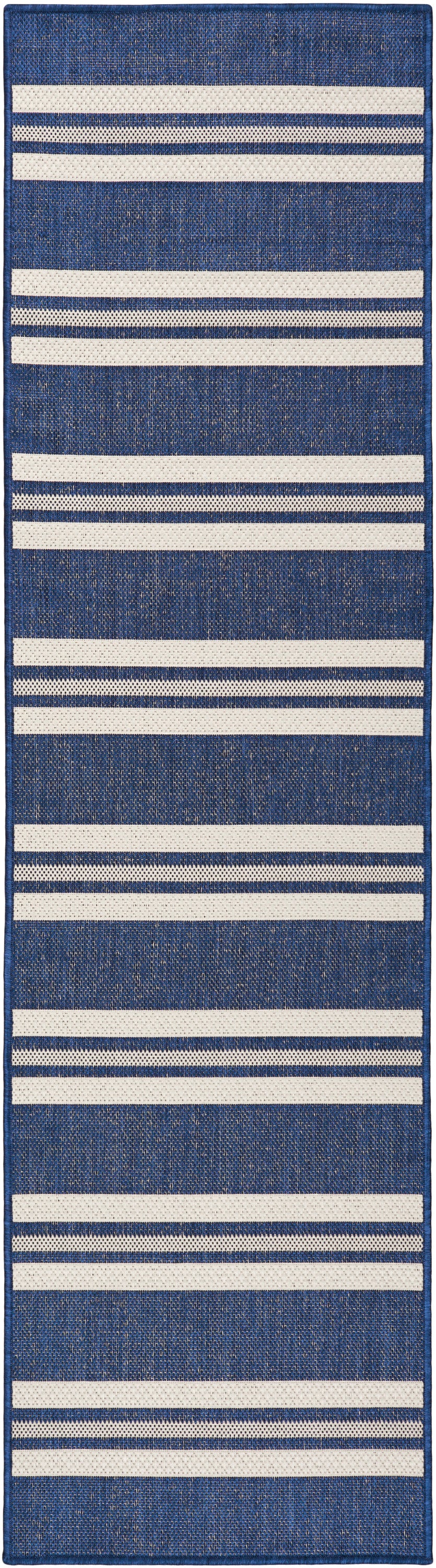 Denim blue rug runner with alternating white horizontal stripes; textured fabric, hallway decor.
