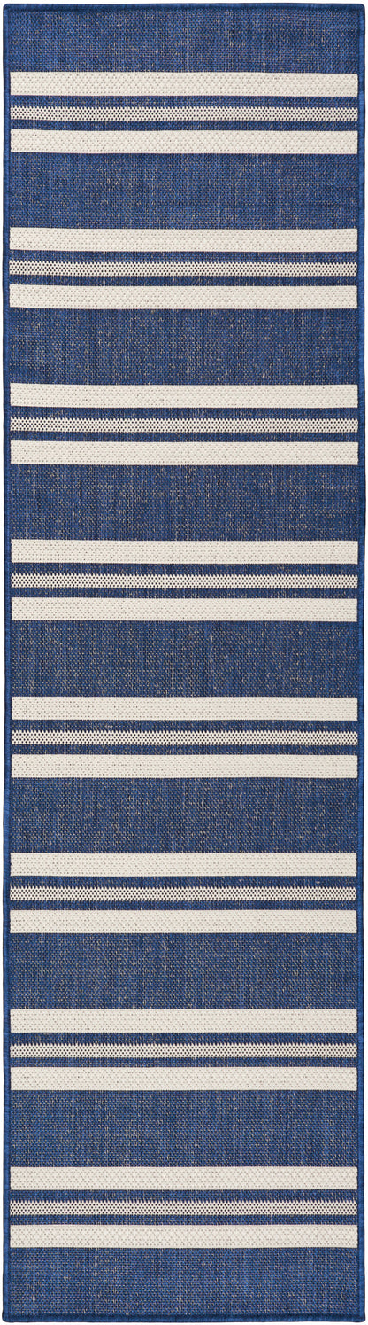 Denim blue rug runner with alternating white horizontal stripes; textured fabric, hallway decor.
